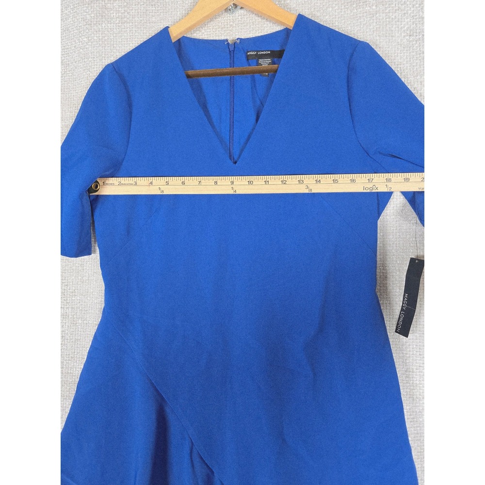 Maggy London Blue Short Sleeve Asymmetrical Ruffle V Neck Dress Size 10 NWT - Picture 6 of 12